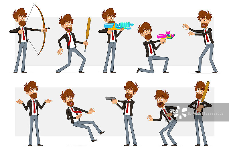 卡通扁平滑稽的留胡子男人物套装图片素材