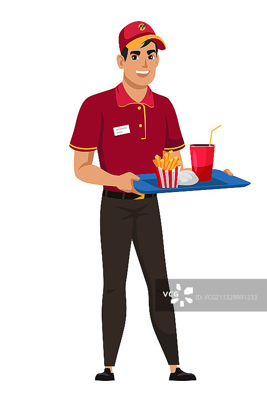 手持托盘的快餐店员工（白色背景，已抠图）图片素材