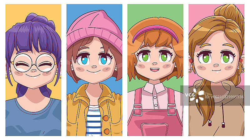 四个可爱的漫画女孩图片素材