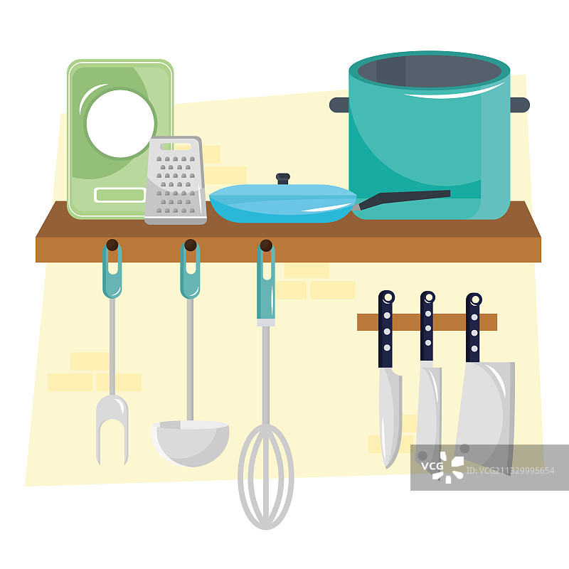 木架上的厨房用具和餐具图片素材