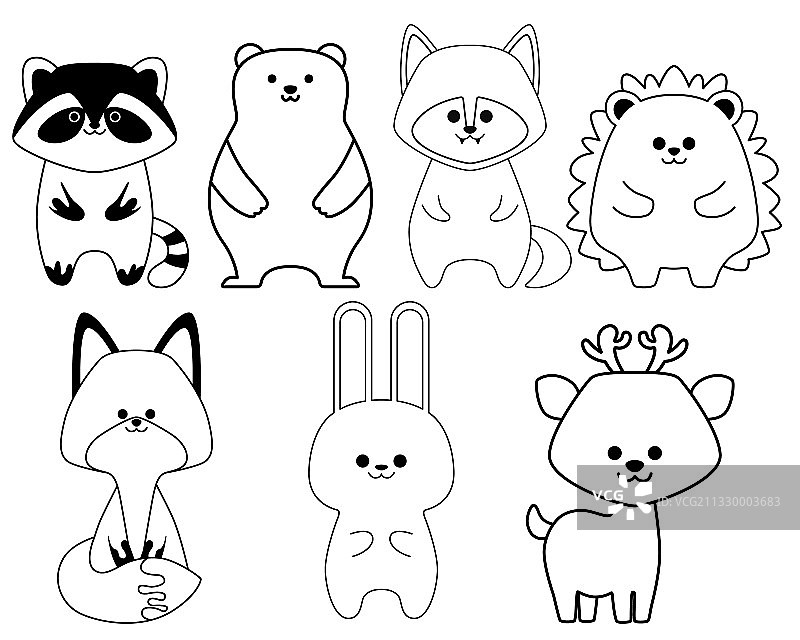 扁平设计的黑色线条艺术森林动物集图片素材