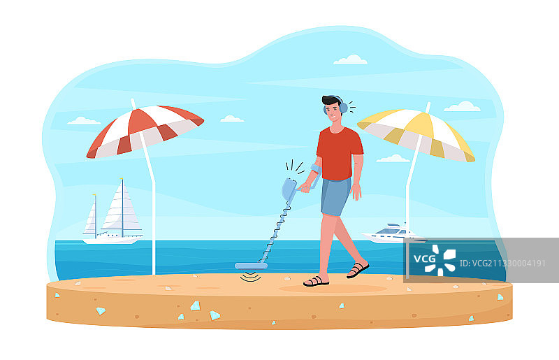 带着金属探测器的男海滩寻宝者图片素材
