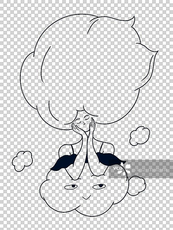 黑白简笔画思考的少女图片素材