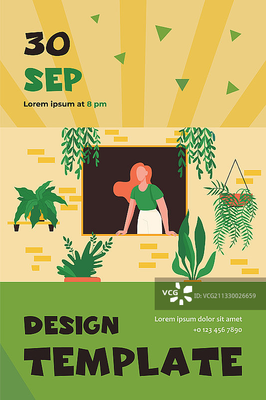 从窗户伸出头，带着室内植物的女人图片素材