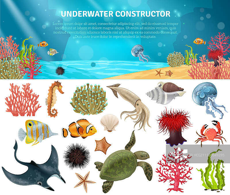 海洋生物构造器隔离图标集图片素材
