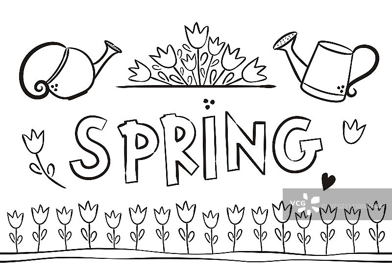 郁金香、浇水壶和春季花坛图片素材