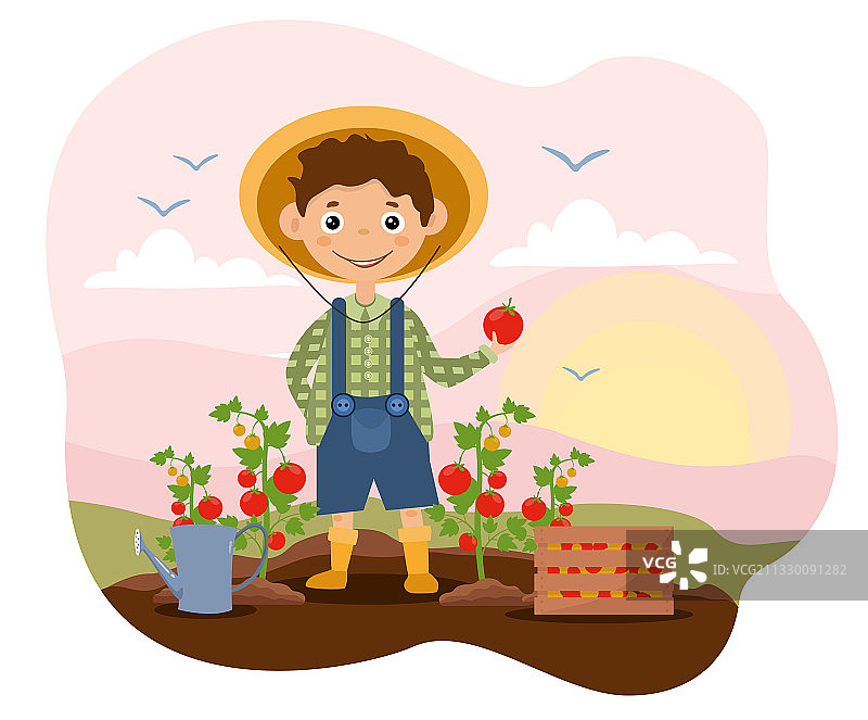 穿着园艺服的微笑儿童正在采摘图片素材