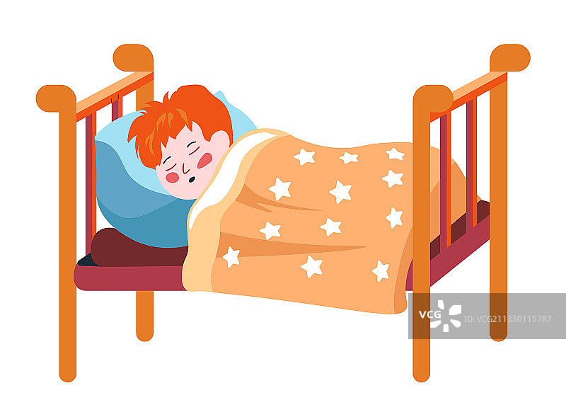 在床上睡觉的红发儿童男孩图片素材