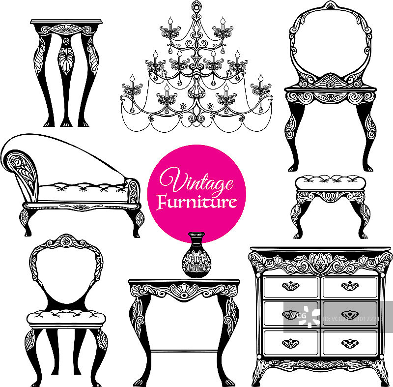 手绘复古家具风格套装图片素材