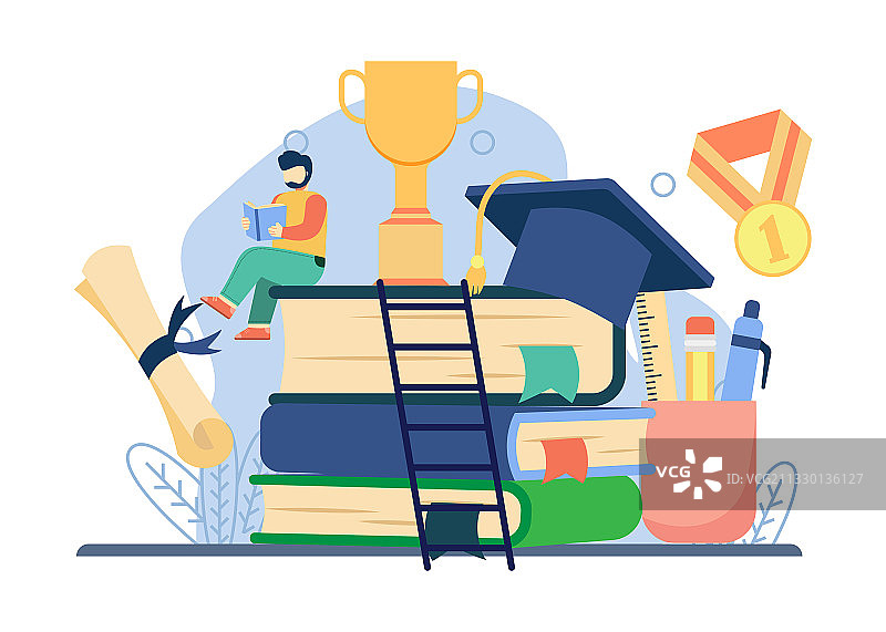 教育知识概念，男人坐书堆图片素材