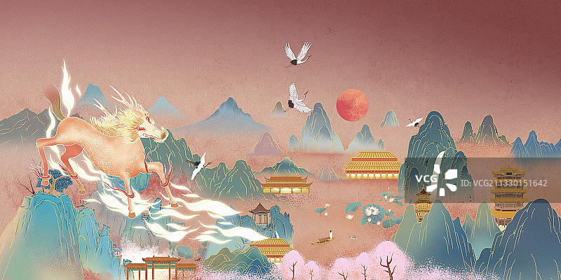 中国风传统山水画轴青绿山水古风国潮横图插画图片素材