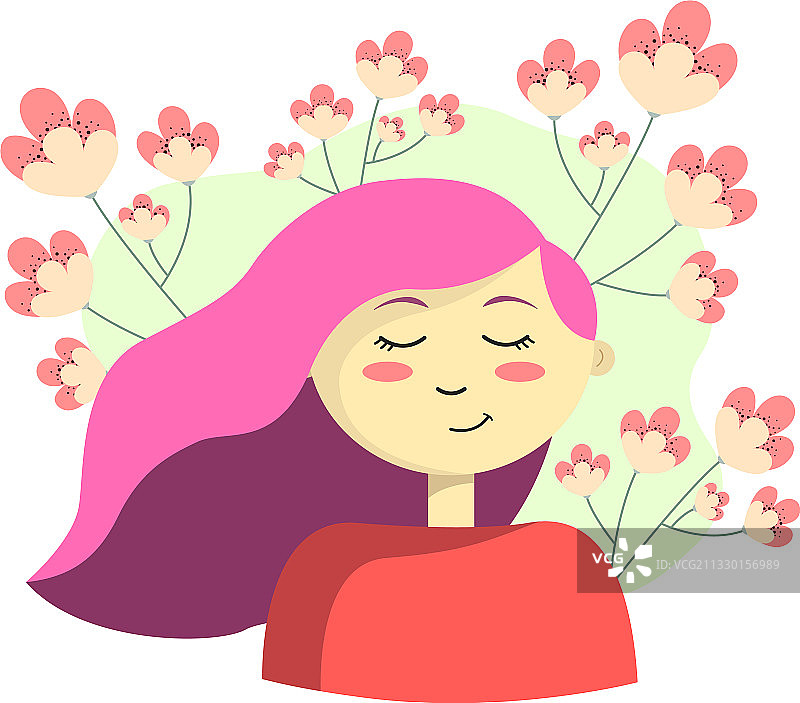闭着眼睛，戴着粉色头发和鲜花的女孩图片素材