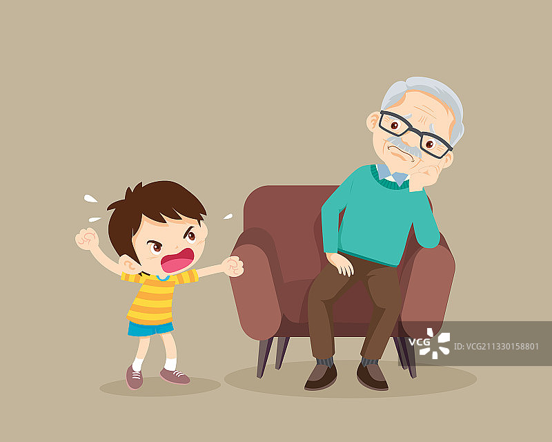 坐在沙发上的暴怒男孩和老人图片素材