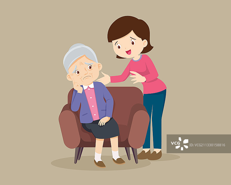 悲伤老年妇女坐着，另一名妇女安慰图片素材