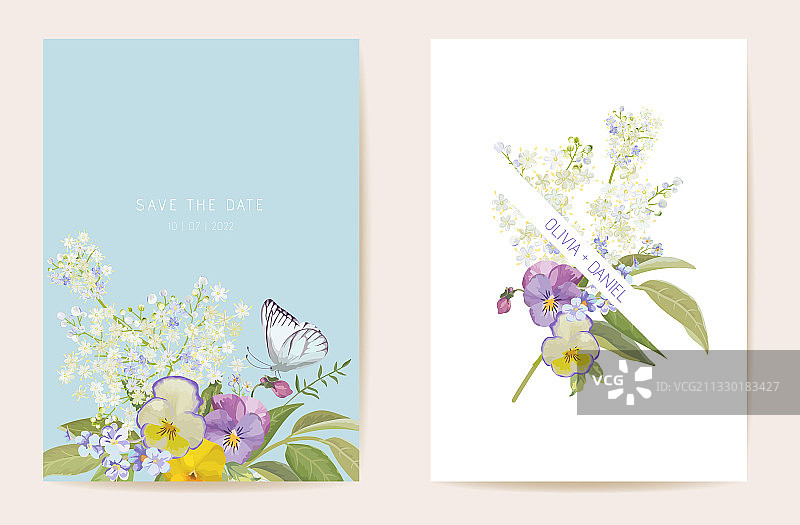 水彩紫罗兰三色堇婚礼请柬图片素材