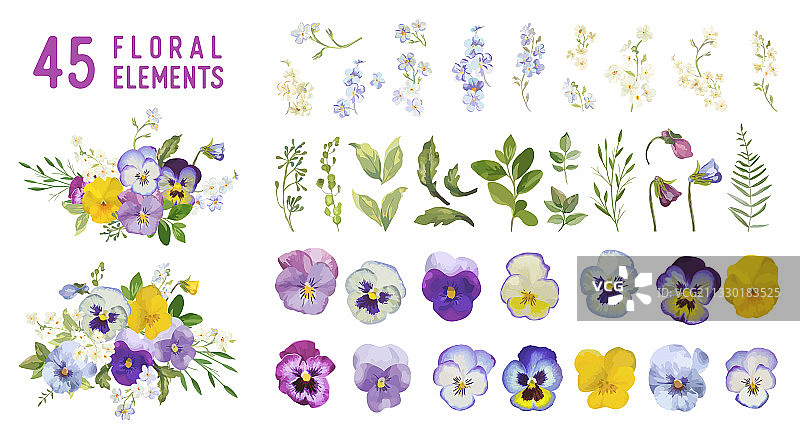 复古三色堇花叶春日紫色图片素材