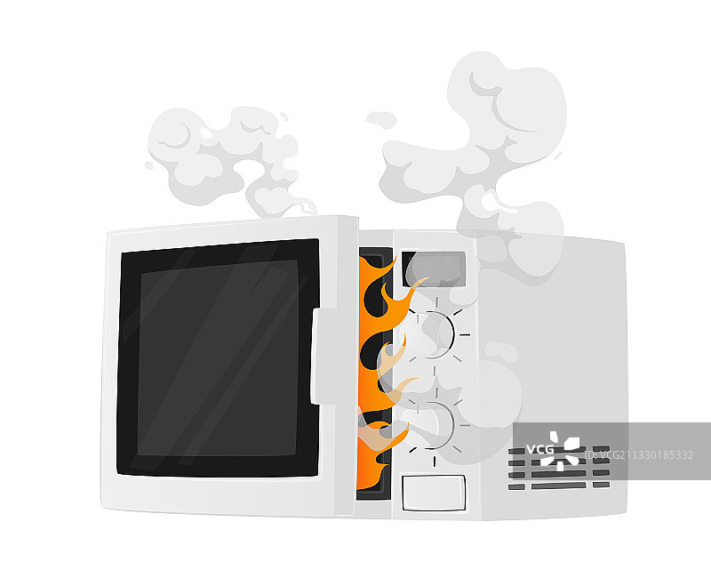冒着蒸汽和火焰的破碎微波炉图片素材