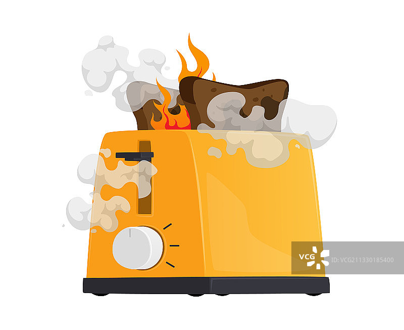 冒着蒸汽和烤焦面包的破损烤面包机图片素材