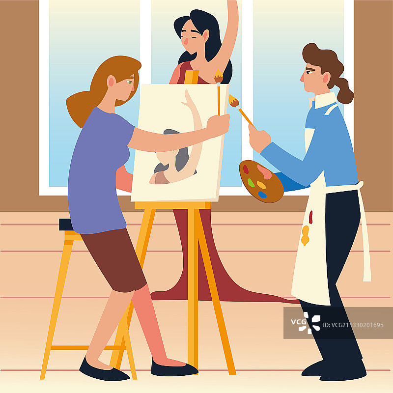 绘画课：男老师和女学生图片素材