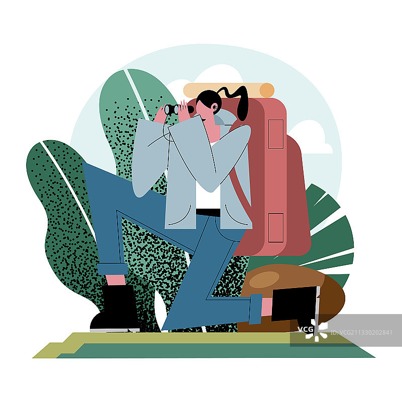 带包和望远镜的徒步女性卡通形象图片素材