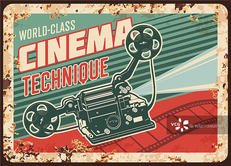 带有复古相机的电影技术锈迹斑斑的牌匾图片素材