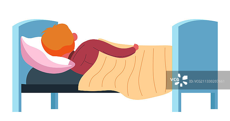 盖着毯子在舒适的床上睡觉的儿童图片素材