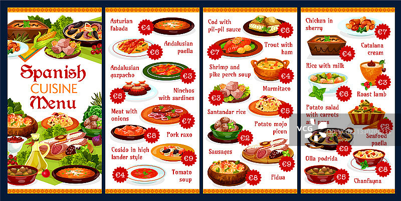 西班牙美食菜单或海鲜饭小吃图片素材