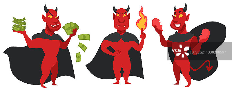 拿着钱、带着火焰和破碎之心的恶魔角色图片素材