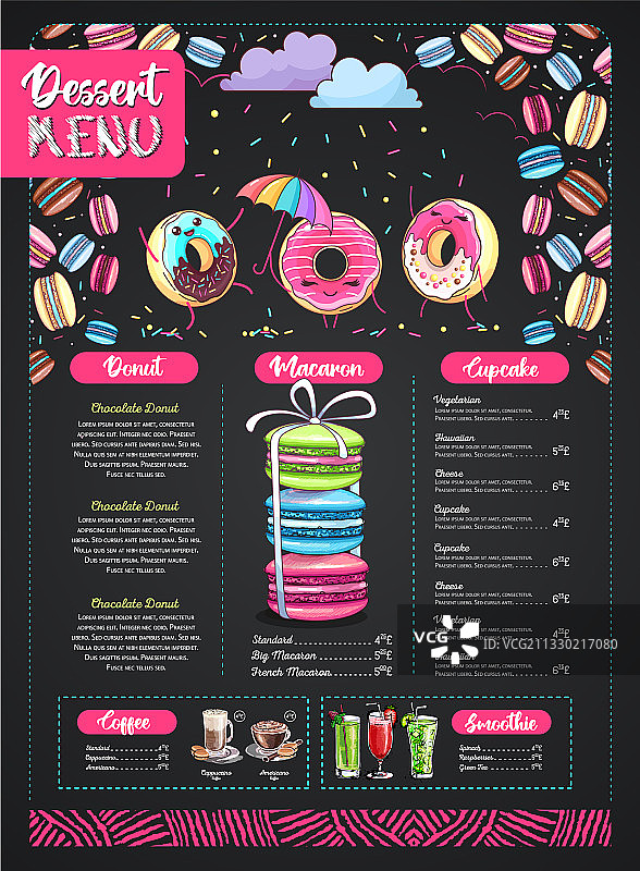 甜点菜单设计与甜马卡龙和蛋糕图片素材