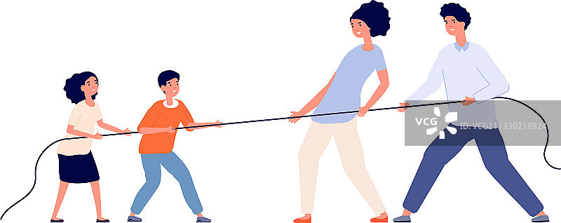 家庭游戏：儿童和父母拔河图片素材