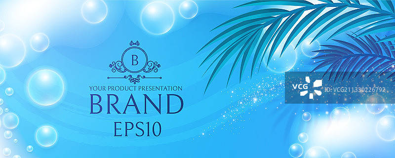 蓝色背景上的棕榈叶肥皂泡沫图片素材