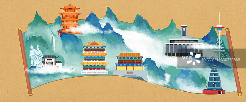 中国传统青绿山水卷轴名胜古迹亭台楼阁建筑插画图片素材