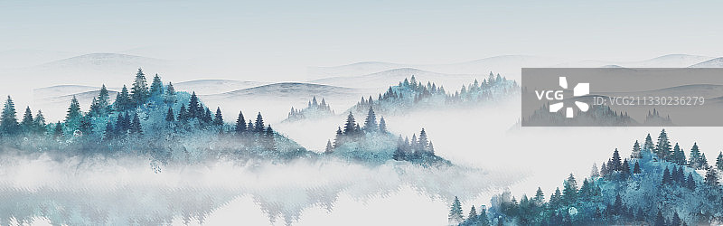 超长中国风蓝色意境山水画图片素材