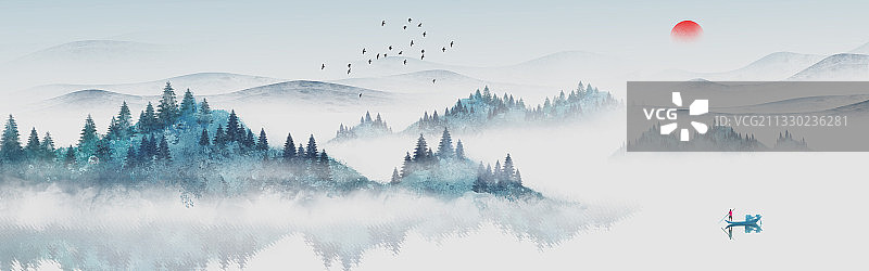 超长中国风蓝色意境山水画图片素材