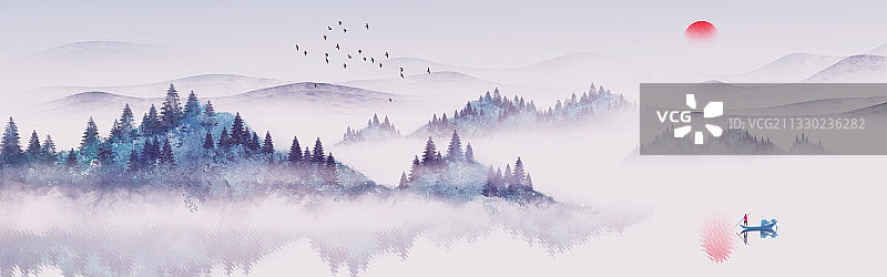 超长中国风蓝色意境山水画图片素材