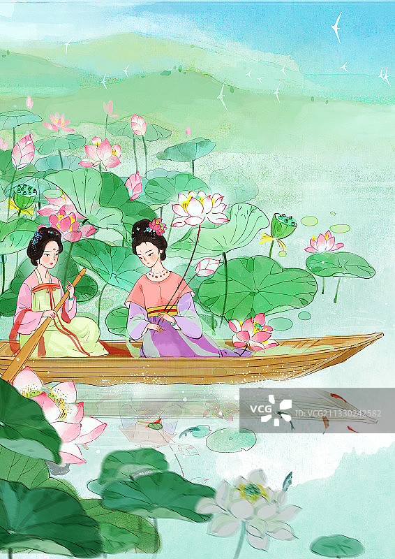 古诗词插画-采莲曲竖版图片素材