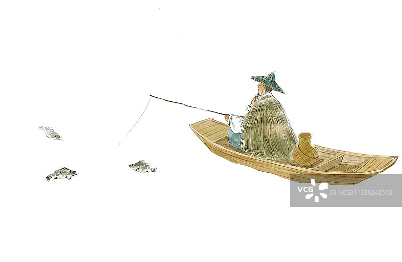 垂钓的老人插画图片素材