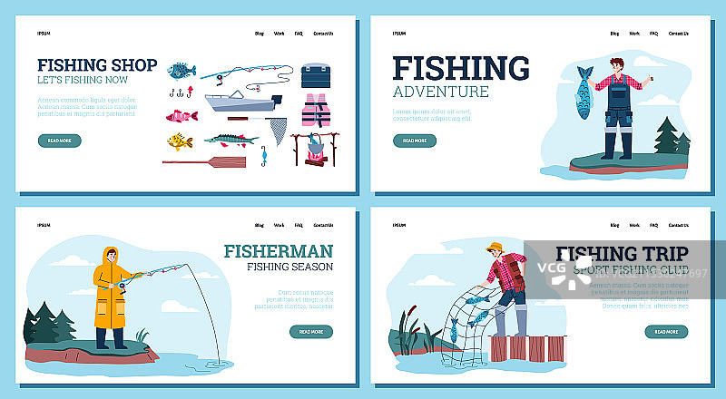 渔具店和渔业旅行网站页面图片素材