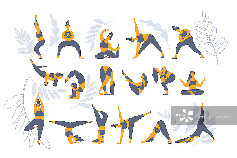 白色背景上的彩色瑜伽剪影图片素材