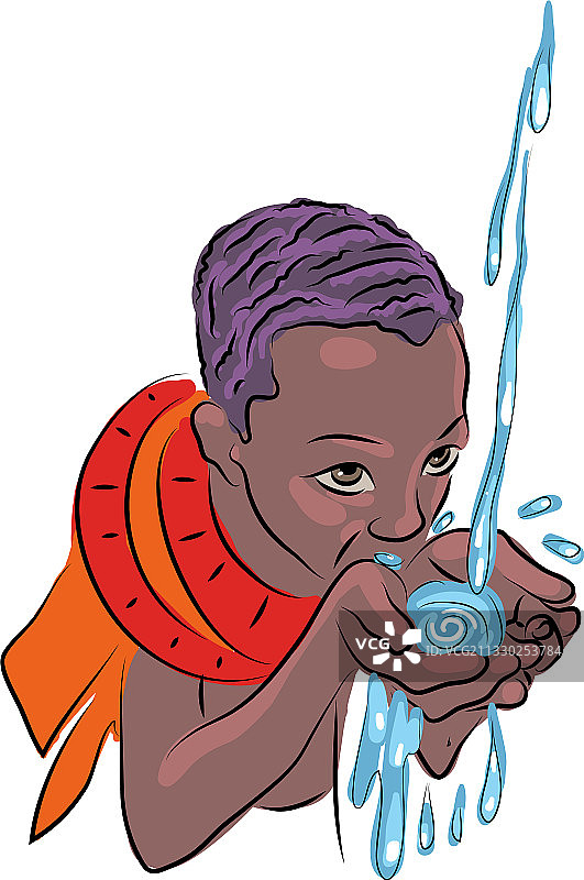 在稀树草原上喝淡水的非洲年轻儿童图片素材