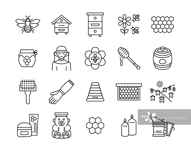 养蜂线性图标集图片素材