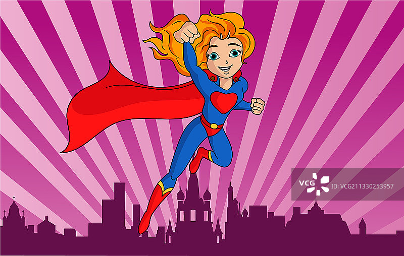 飞行中的超级女英雄，充满魅力的年轻女性图片素材