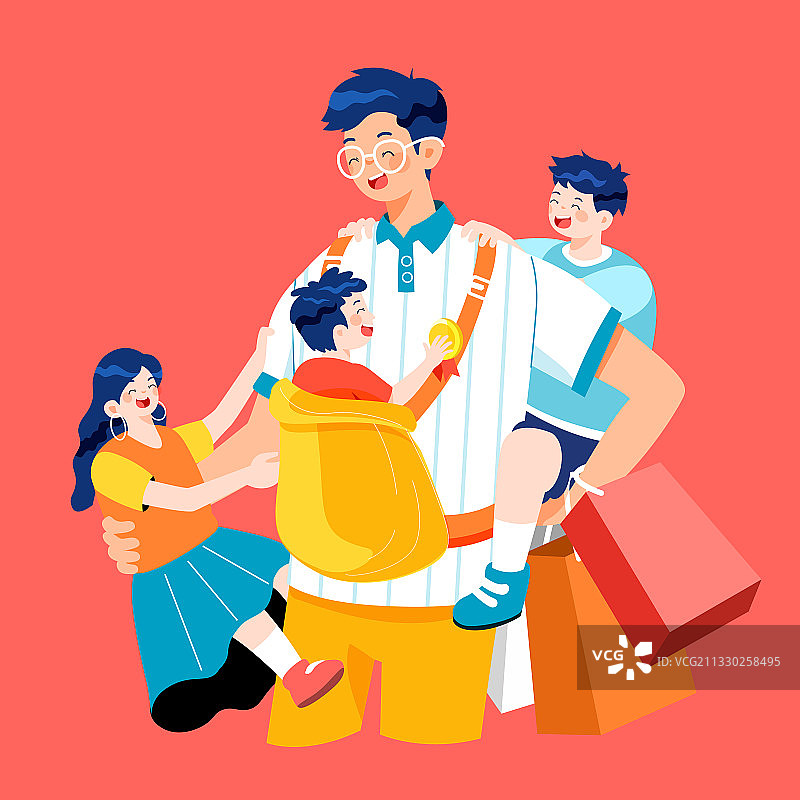 卡通父亲节亲子家人拥抱奶爸儿童节电商促销购物节礼物矢量插画图片素材