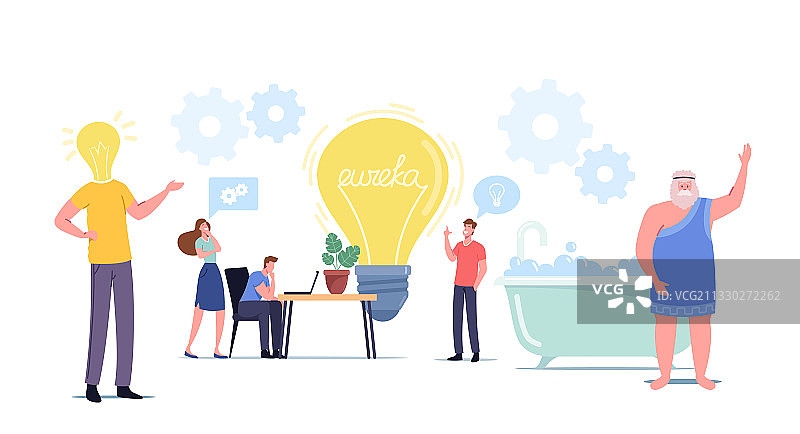 围绕巨大灯泡进行搜索的卡通人物图片素材