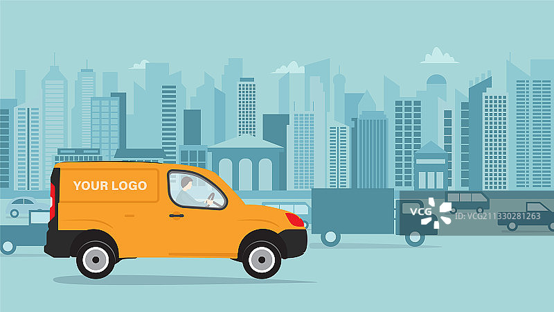 带快递员的送货卡车卡通图片素材