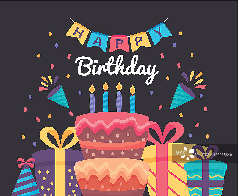 带有蛋糕和礼品盒的生日快乐海报图片素材