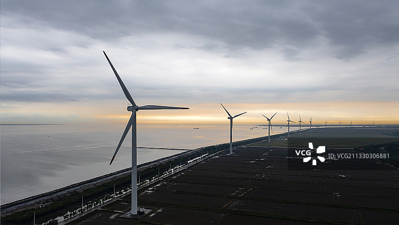 晨曦中的长兴岛风力发电站图片素材