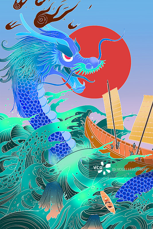 中国古代传统文化神龙和海浪帆船插画图片素材