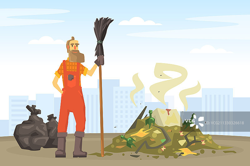 男清洁工用扫帚在街上收集垃圾图片素材
