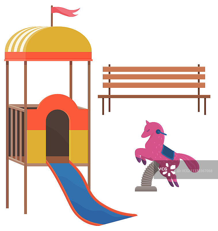 带长椅滑梯的儿童游乐场设备图片素材